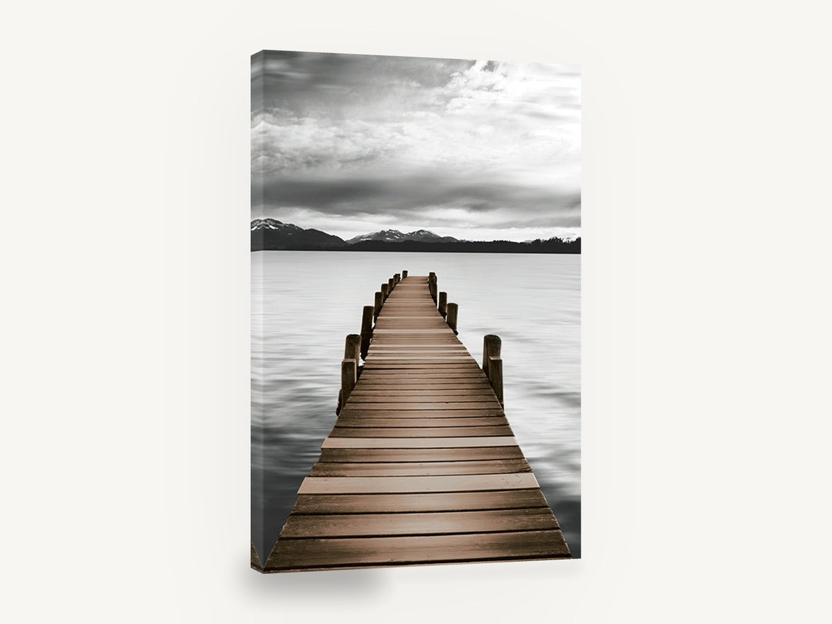 Jetty to Still Water, timber jetty lake mountain photograph, landscape canvas wall art print ready to hang
