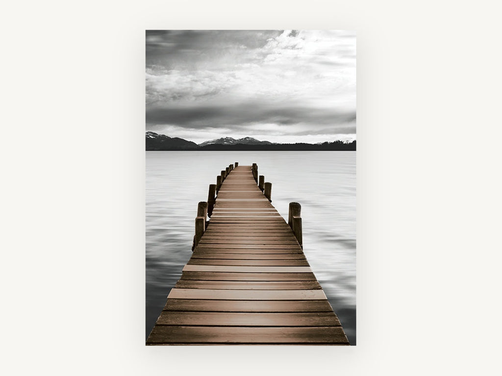 Jetty to Still Water, timber jetty lake mountain photograph, landscape canvas wall art print, front view