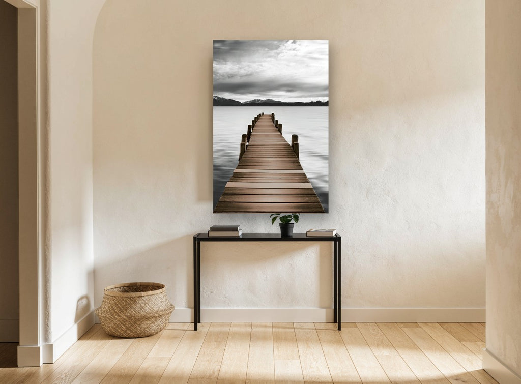 Jetty to Still Water landscape canvas print on the wall of a hallway