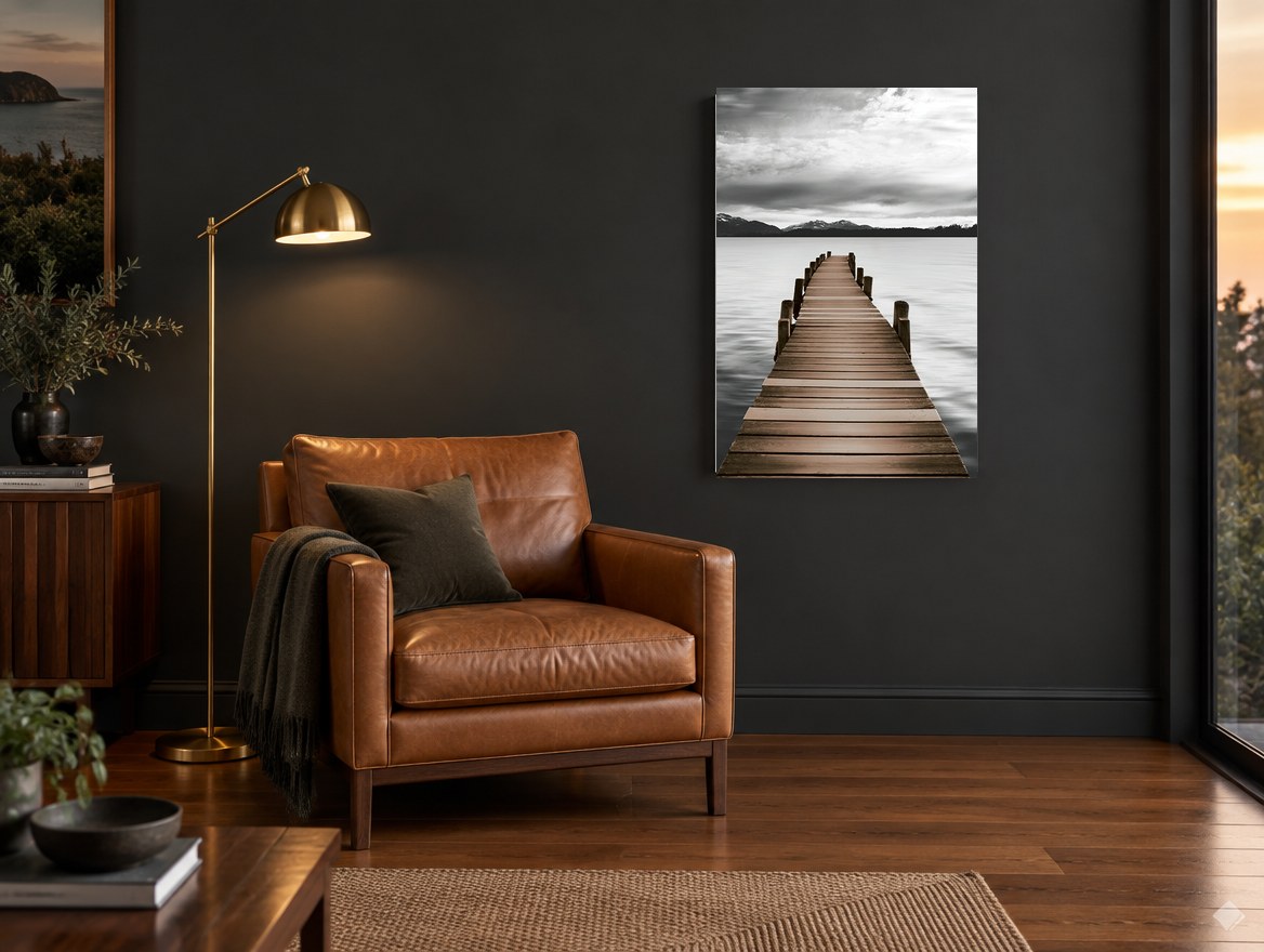 Jetty to Still Water landscape canvas print on the wall of a charcoal living room