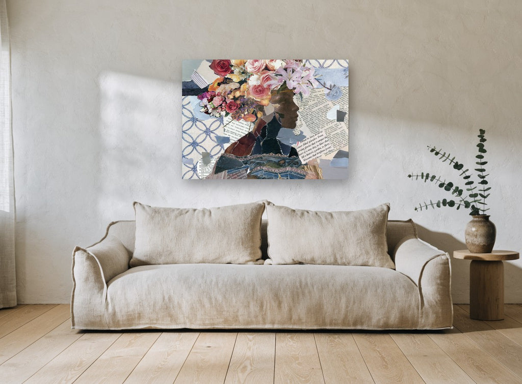 Blooming Profile Collage floral canvas print on the wall of a living room