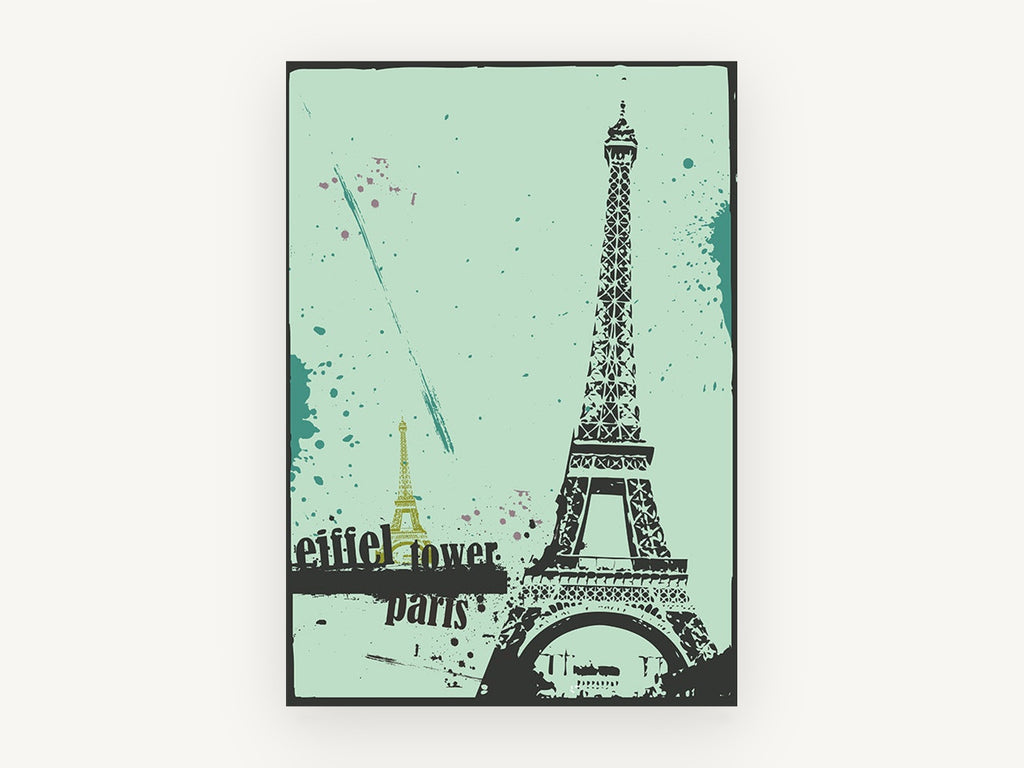 Splatter Tower Paris, eiffel tower paris grunge illustration, city canvas wall art print, front view