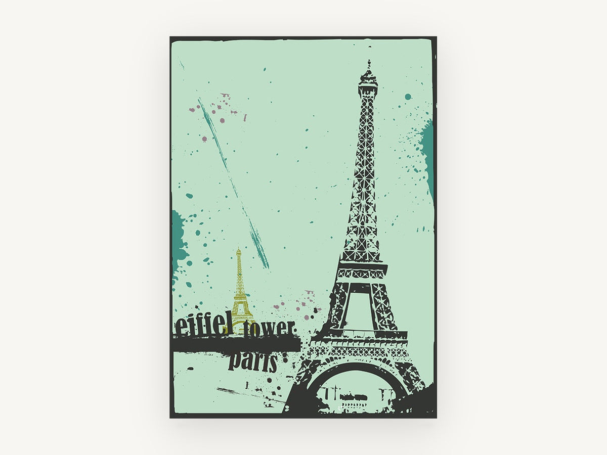 Splatter Tower Paris, eiffel tower paris grunge illustration, city canvas wall art print, front view