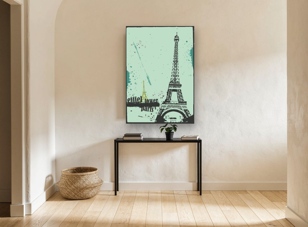 Splatter Tower Paris city canvas print on the wall of a hallway