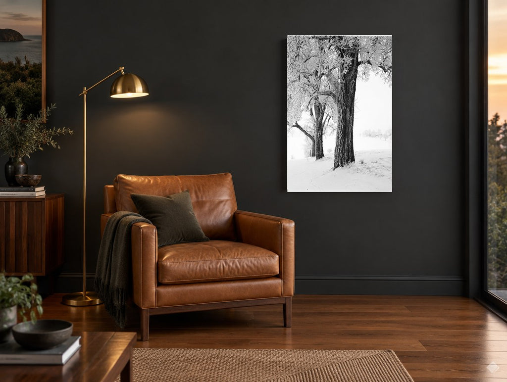 Hoarfrost Trees floral canvas print on the wall of a charcoal living room