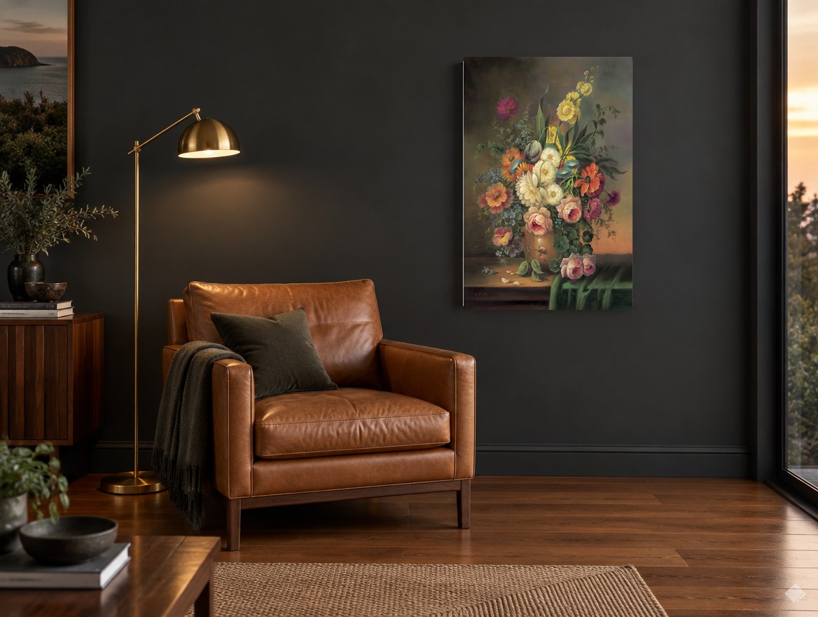 Golden Hour Bouquet floral canvas print on the wall of a charcoal living room