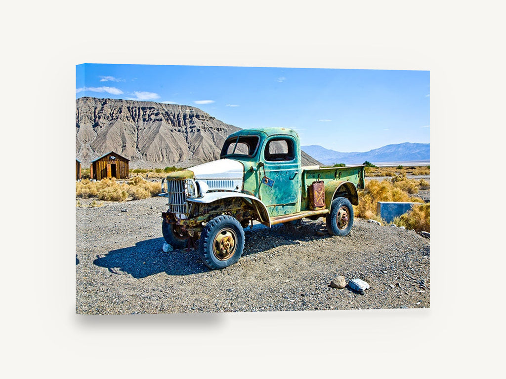 Rusted Green Desert Truck, abandoned green truck desert photograph, landscape canvas wall art print ready to hang