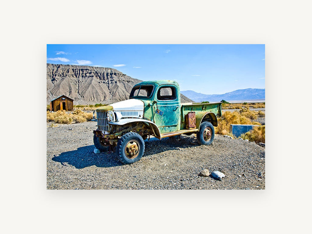 Rusted Green Desert Truck, abandoned green truck desert photograph, landscape canvas wall art print, front view