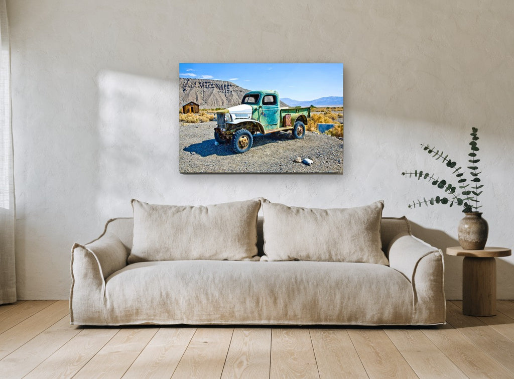 Rusted Green Desert Truck landscape canvas print on the wall of a living room
