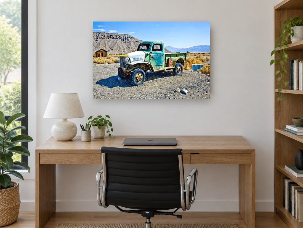 Rusted Green Desert Truck landscape canvas print on the wall of a study