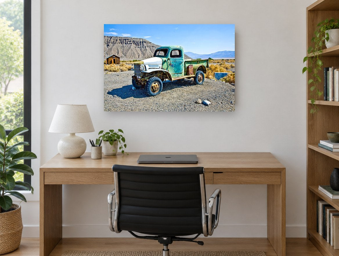 Rusted Green Desert Truck landscape canvas print on the wall of a study