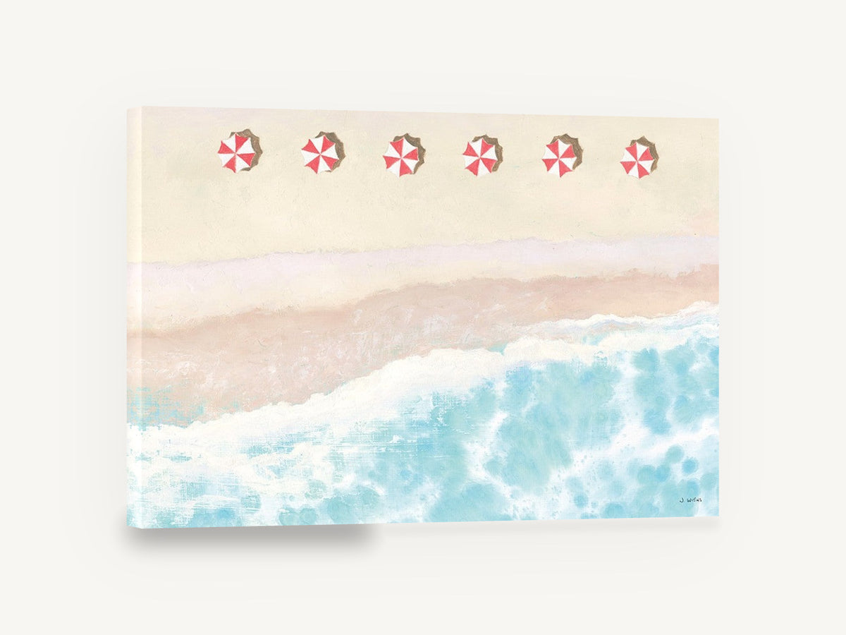 Six Red Umbrellas Aerial, aerial beach umbrellas seascape artwork, coastal canvas wall art print ready to hang