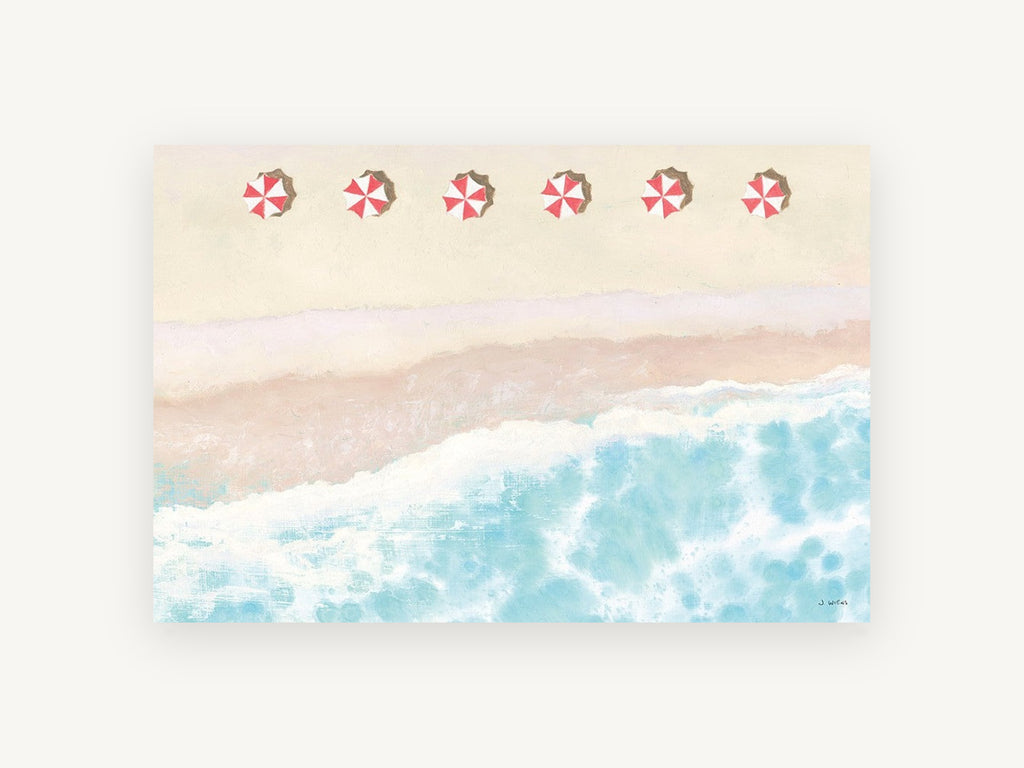 Six Red Umbrellas Aerial, coastal canvas wall art print, front view