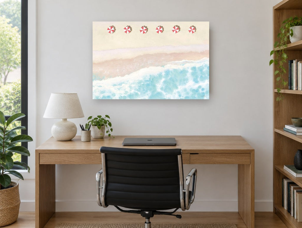 Six Red Umbrellas Aerial coastal canvas print on the wall of a study