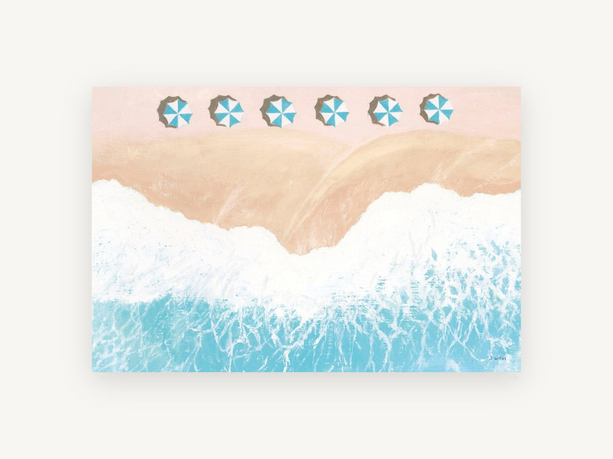 Pink Sand Umbrella Row, coastal canvas wall art print, front view