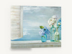 Windowsill Hydrangeas by the Sea, hydrangeas windowsill coastal seascape painting, coastal canvas wall art print ready to hang