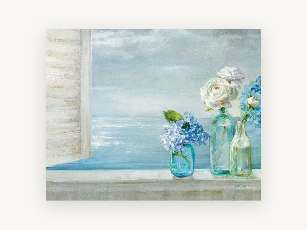 Windowsill Hydrangeas by the Sea, coastal canvas wall art print, front view