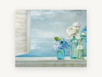 Windowsill Hydrangeas by the Sea, coastal canvas wall art print, front view