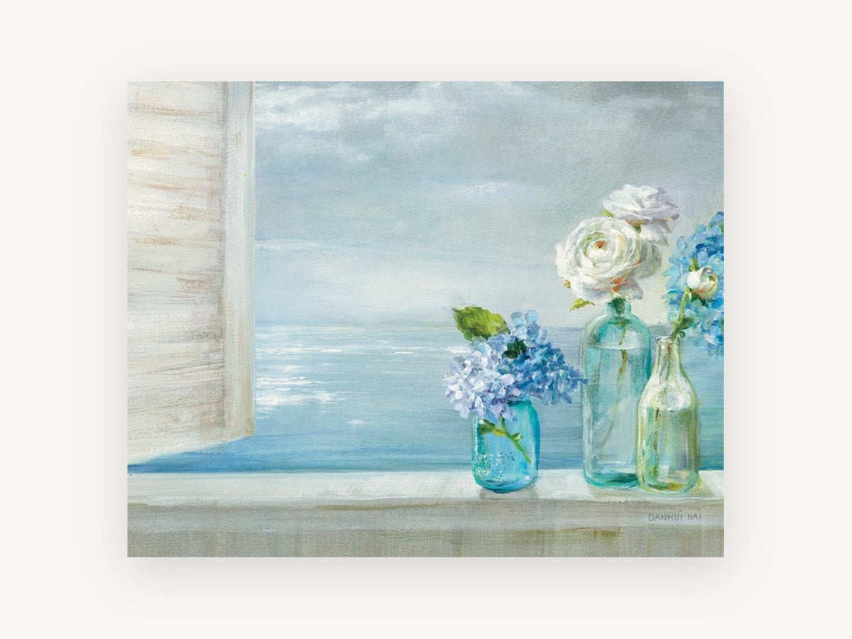 Windowsill Hydrangeas by the Sea, coastal canvas wall art print, front view