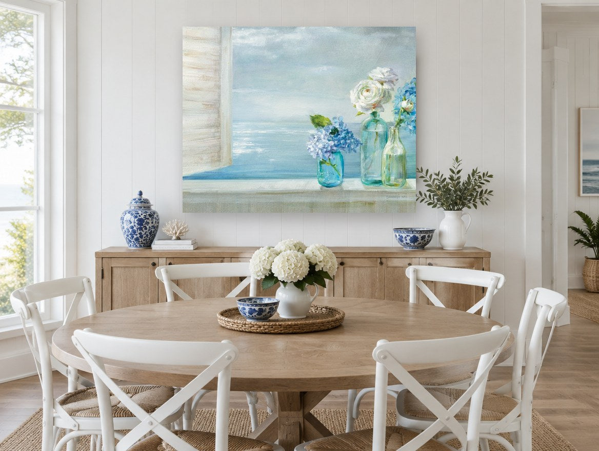 Windowsill Hydrangeas by the Sea coastal canvas print on the wall of a Hamptons dining room