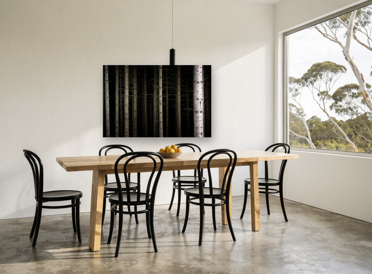 Dark Spruce Columns landscape canvas print on the wall of a dining room