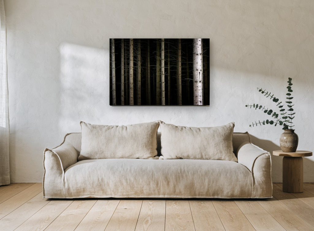 Dark Spruce Columns landscape canvas print on the wall of a living room
