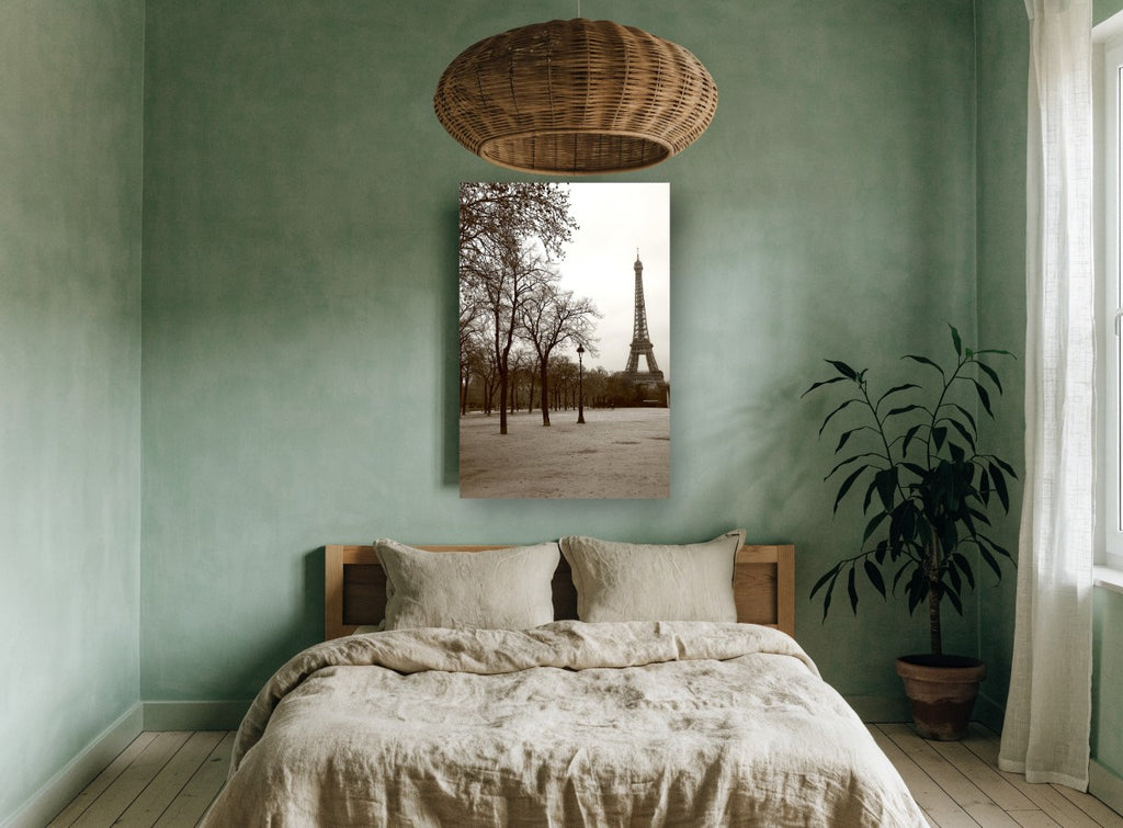 Winter Trees Beneath the Tower city canvas print on the wall of a bedroom