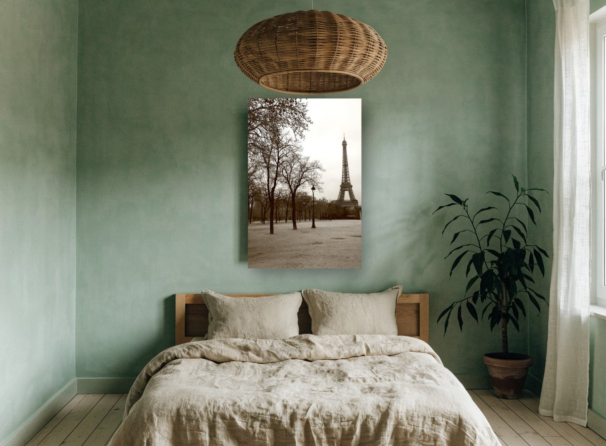Winter Trees Beneath the Tower city canvas print on the wall of a bedroom