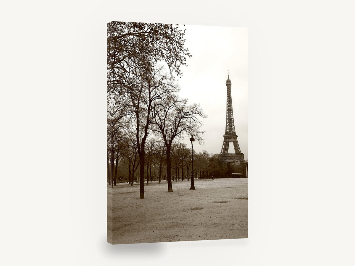 Winter Trees Beneath the Tower, eiffel tower sepia park photograph, city canvas wall art print ready to hang