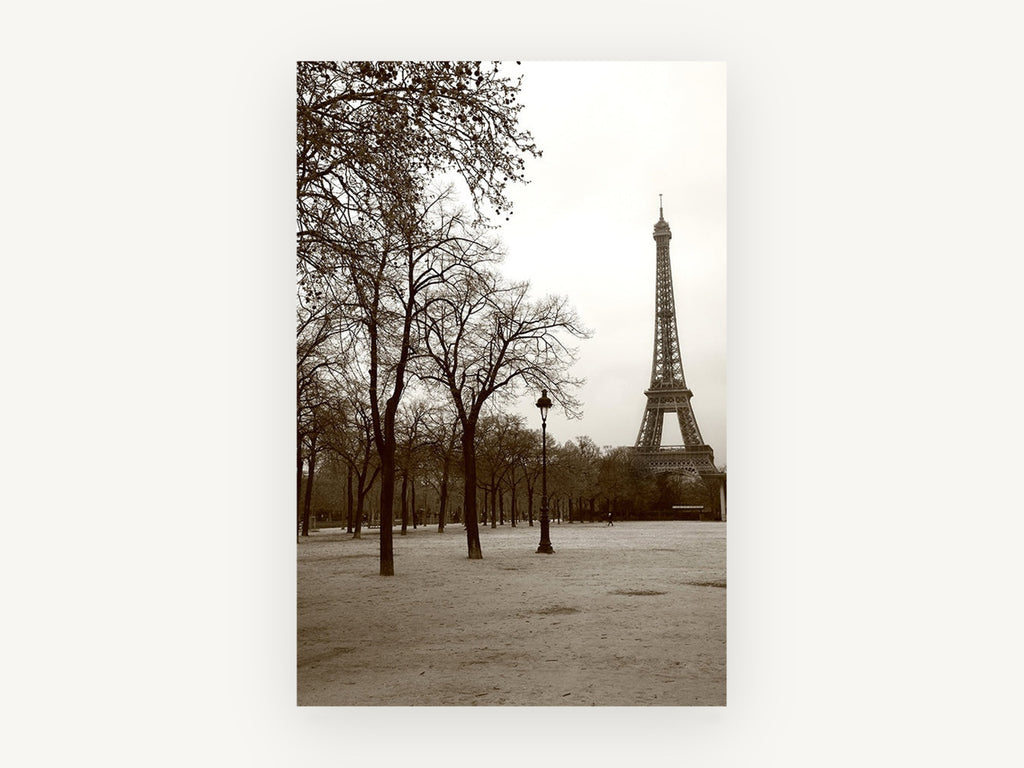 Winter Trees Beneath the Tower, eiffel tower sepia park photograph, city canvas wall art print, front view