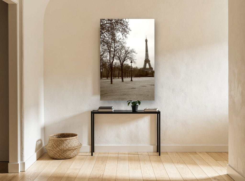 Winter Trees Beneath the Tower city canvas print on the wall of a hallway