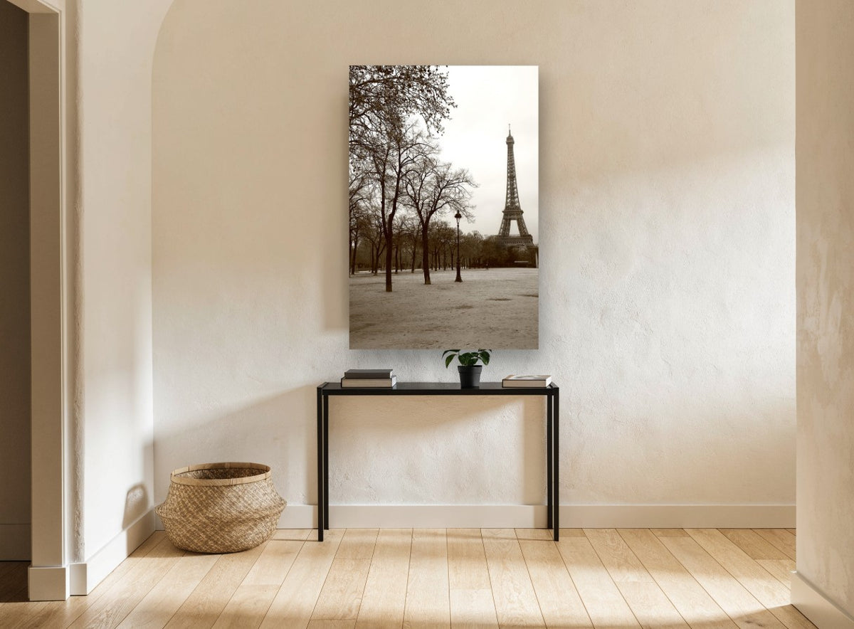 Winter Trees Beneath the Tower city canvas print on the wall of a hallway