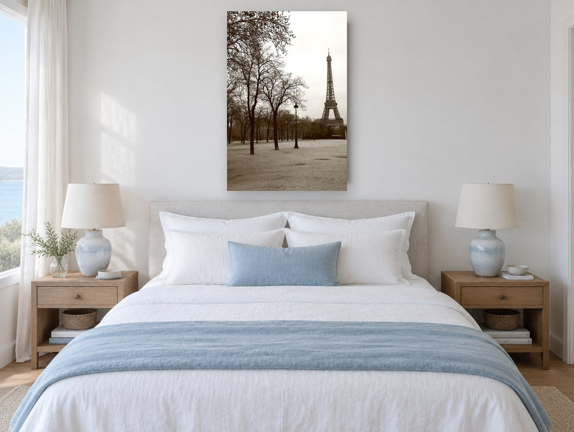 Winter Trees Beneath the Tower city canvas print on the wall of a bedroom
