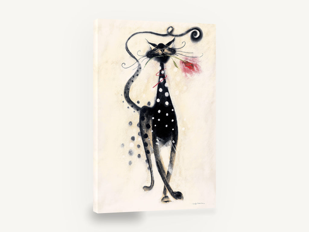 Spotted Cat With Rose, black cat with red rose charcoal, floral canvas wall art print ready to hang