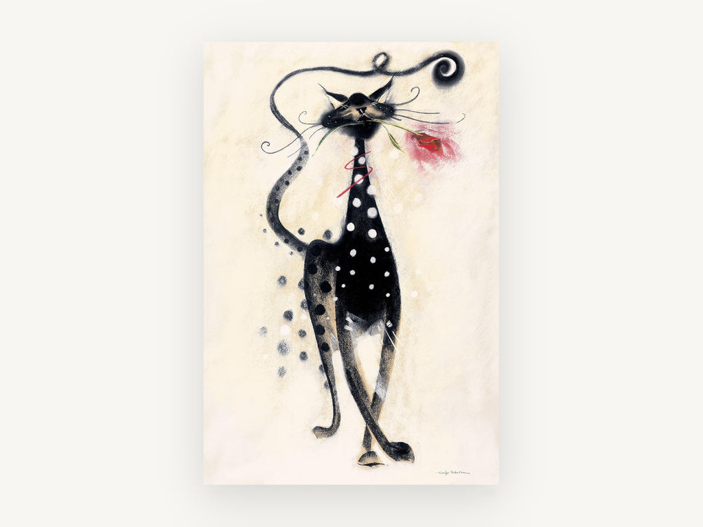 Spotted Cat With Rose, floral canvas wall art print, front view