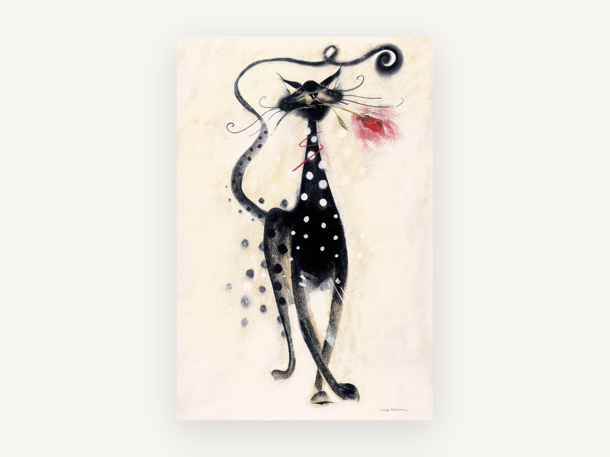 Spotted Cat With Rose, floral canvas wall art print, front view