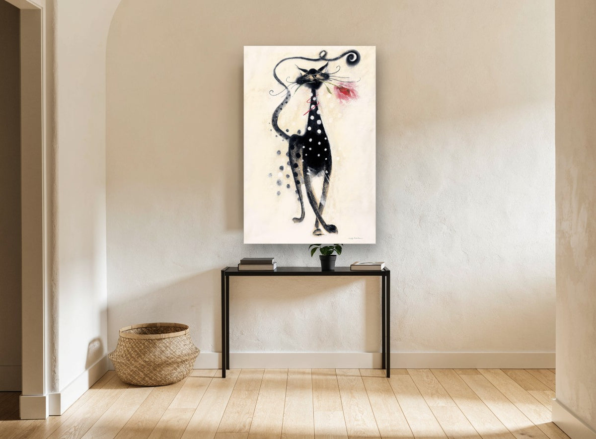 Spotted Cat With Rose floral canvas print on the wall of a hallway
