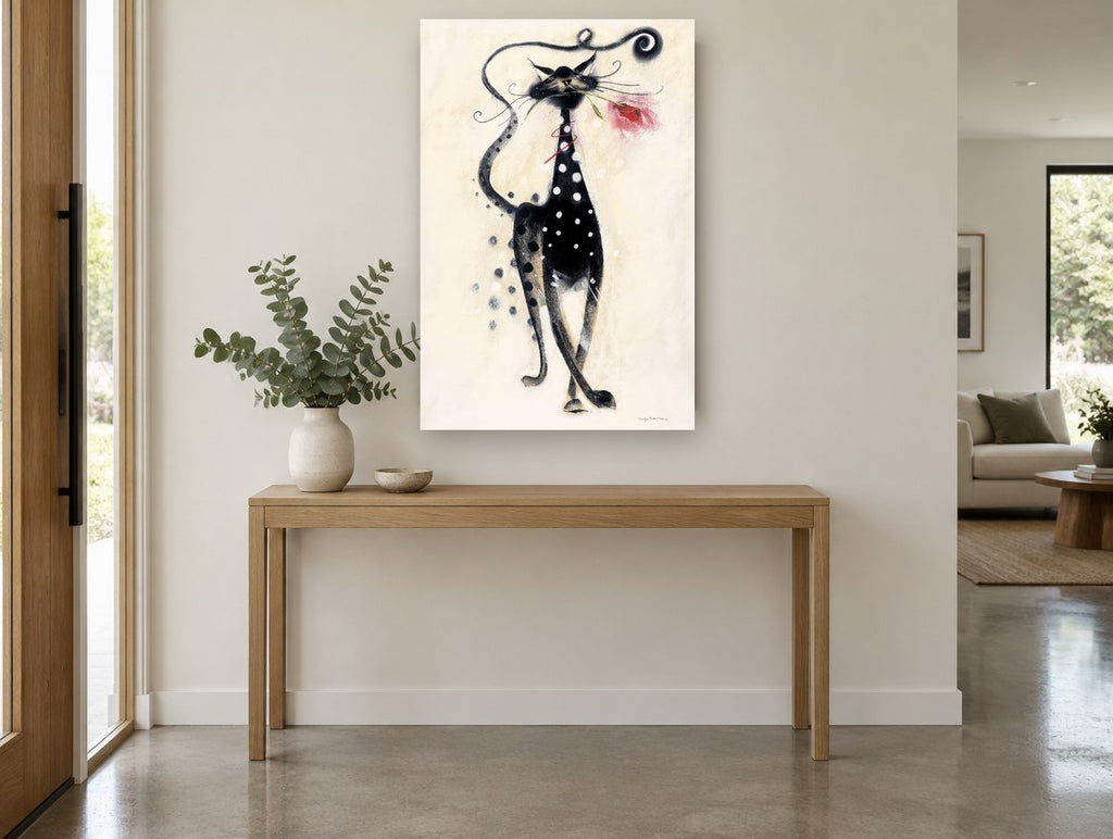 Spotted Cat With Rose floral canvas print on the wall of a entry hall