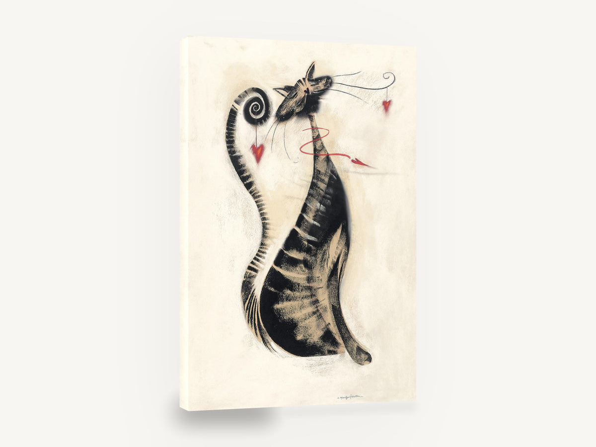 Whiskered Heart Cat, stylised striped cat charcoal illustration, animal canvas wall art print ready to hang