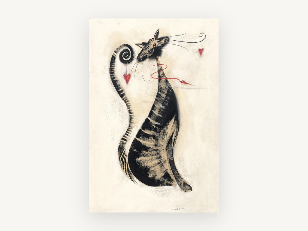 Whiskered Heart Cat, stylised striped cat charcoal illustration, animal canvas wall art print, front view