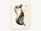 Whiskered Heart Cat, stylised striped cat charcoal illustration, animal canvas wall art print, front view