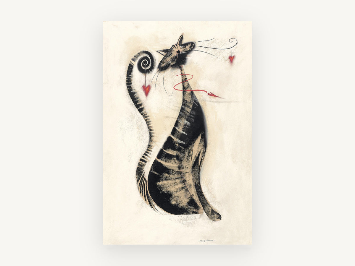 Whiskered Heart Cat, stylised striped cat charcoal illustration, animal canvas wall art print, front view