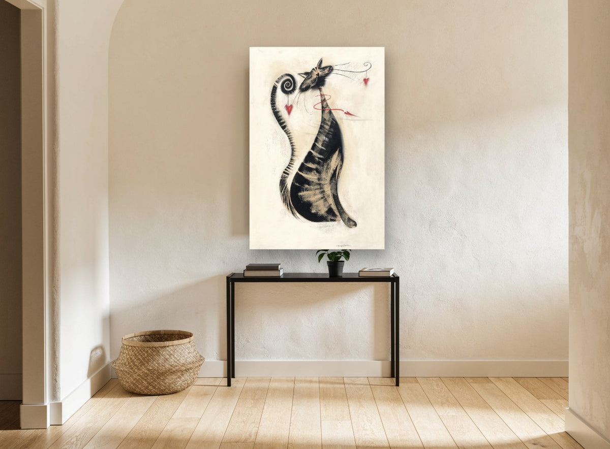 Whiskered Heart Cat animal canvas print on the wall of a hallway