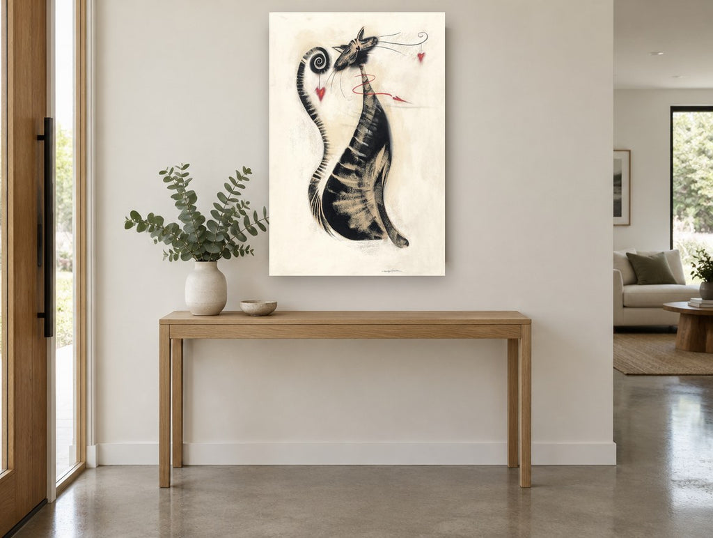Whiskered Heart Cat animal canvas print on the wall of a entry hall
