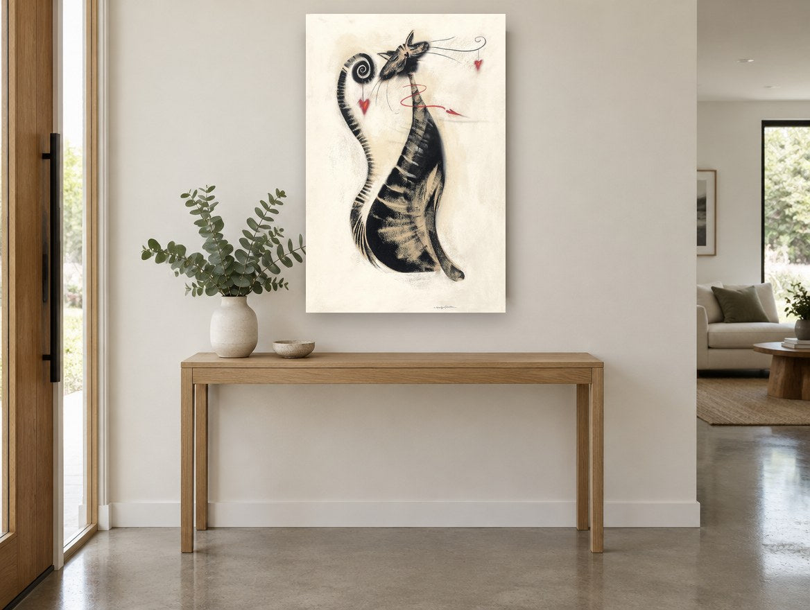 Whiskered Heart Cat animal canvas print on the wall of a entry hall
