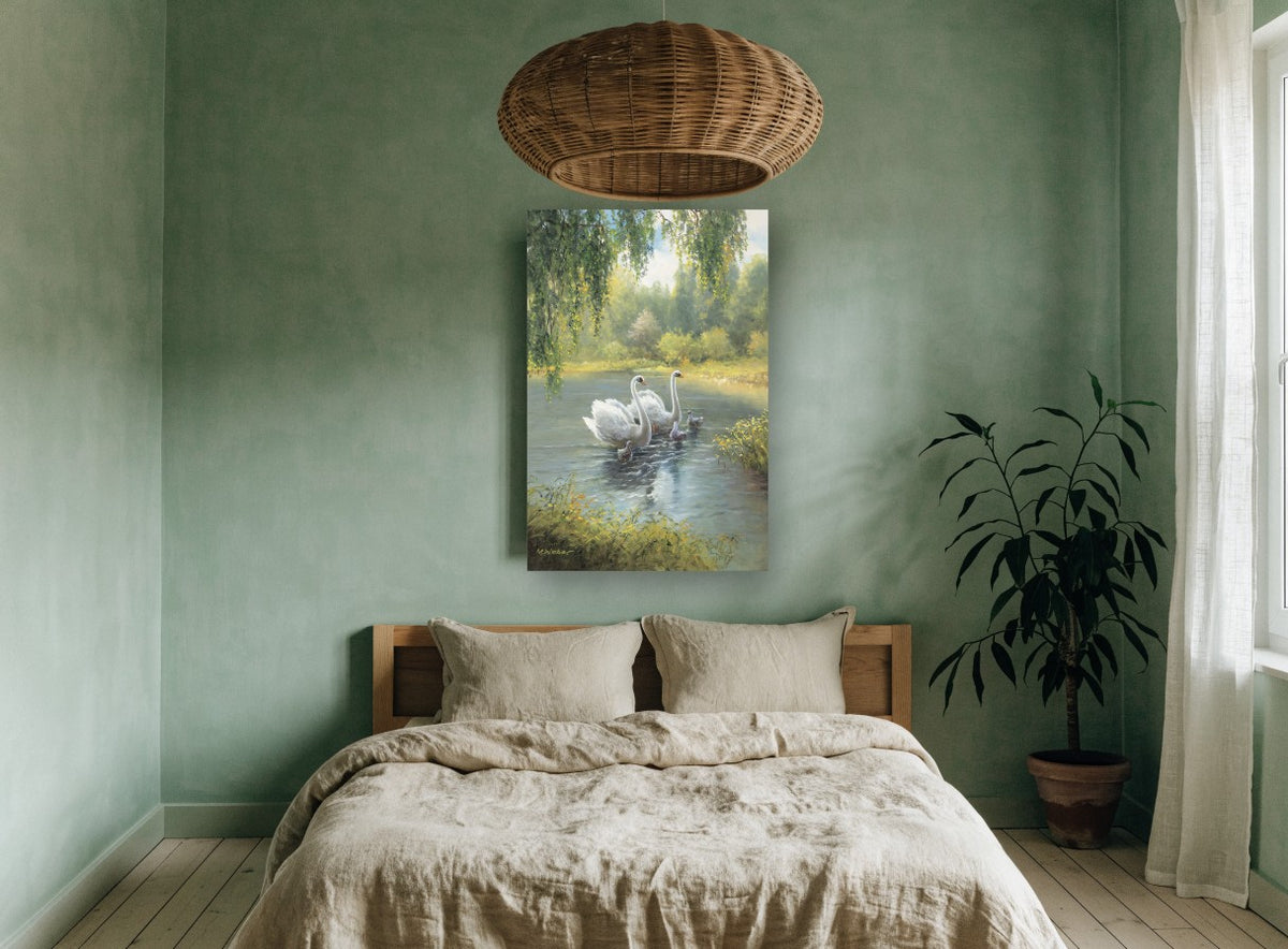 Swans on the Willow Pond floral canvas print on the wall of a bedroom