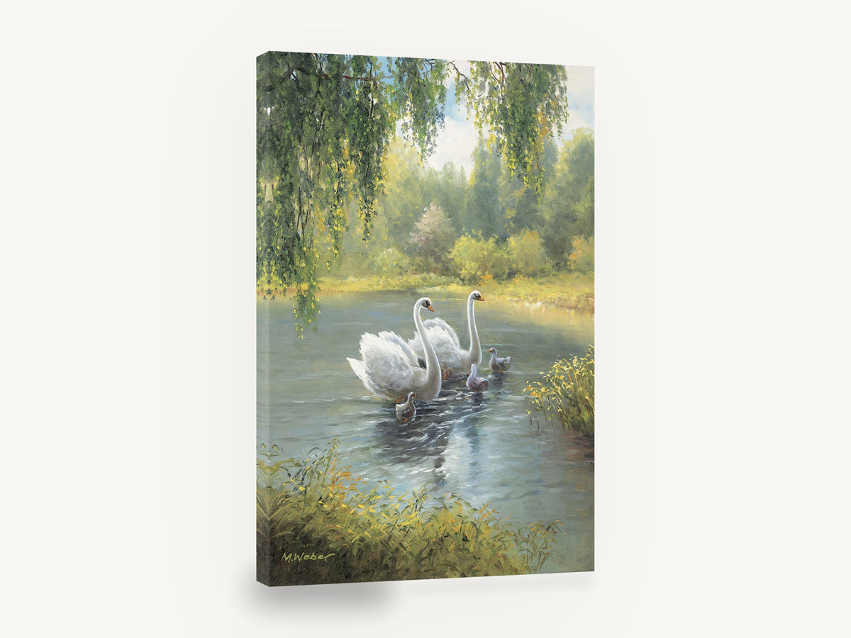 Swans on the Willow Pond, swan family lake landscape painting, floral canvas wall art print ready to hang