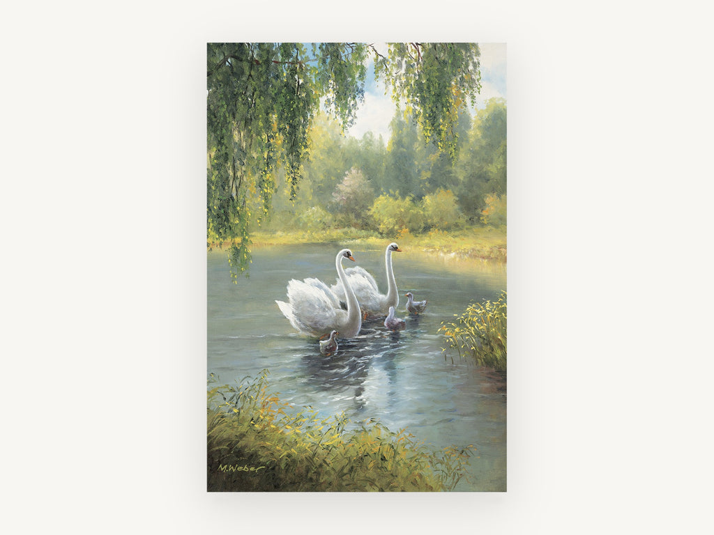 Swans on the Willow Pond, floral canvas wall art print, front view