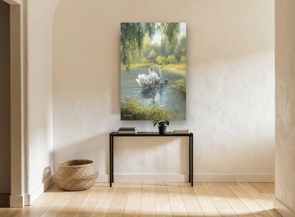 Swans on the Willow Pond floral canvas print on the wall of a hallway