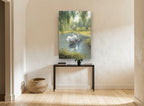 Swans on the Willow Pond floral canvas print on the wall of a hallway
